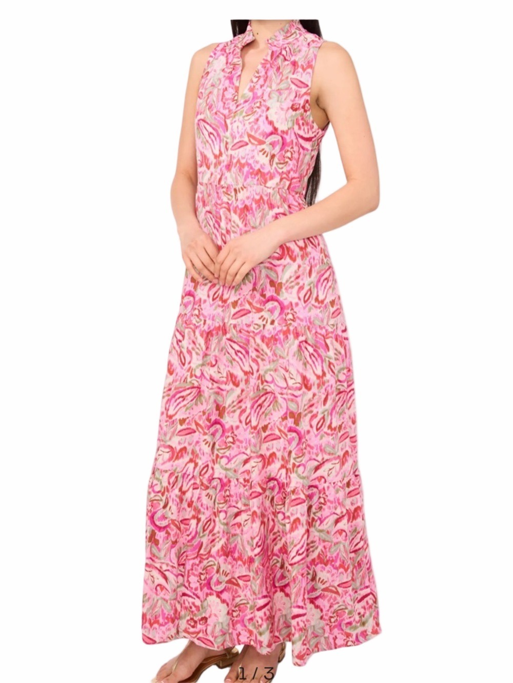 VINCE CAMUTO Floral Tiered Linen Blend Maxi Dress Sleeveless Split Neck NWT Med
